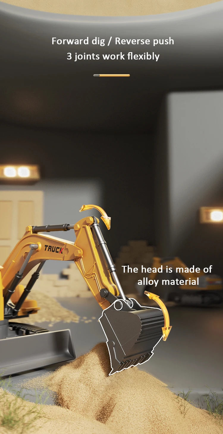 Pelleteuse télécommandée en alliage avec lumières et sons – Véhicule de chantier RC pour enfants