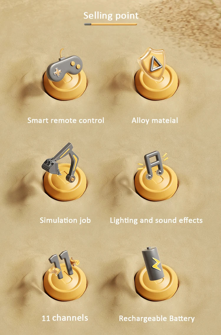 Pelleteuse télécommandée en alliage avec lumières et sons – Véhicule de chantier RC pour enfants