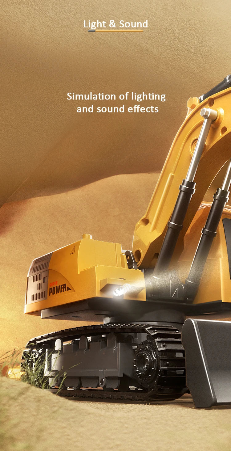 Pelleteuse télécommandée en alliage avec lumières et sons – Véhicule de chantier RC pour enfants