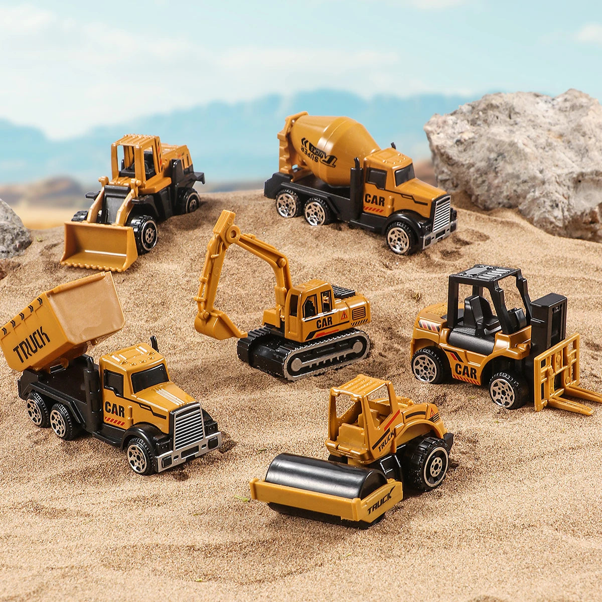 Set de 6 Véhicules de Chantier en Métal – Excavatrice, Bulldozer & Rouleau – Mini Modèles Diecast pour Enfants
