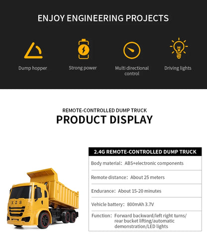 Camion-benne de chantier télécommandé 2,4 GHz – Véhicule RC en alliage pour enfants