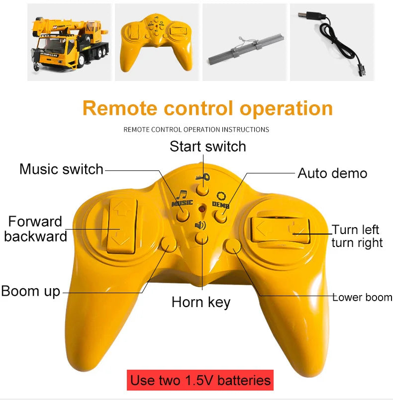 Camion grue télécommandé – Véhicule de chantier RC 2,4 GHz avec flèche élévatrice pour enfants