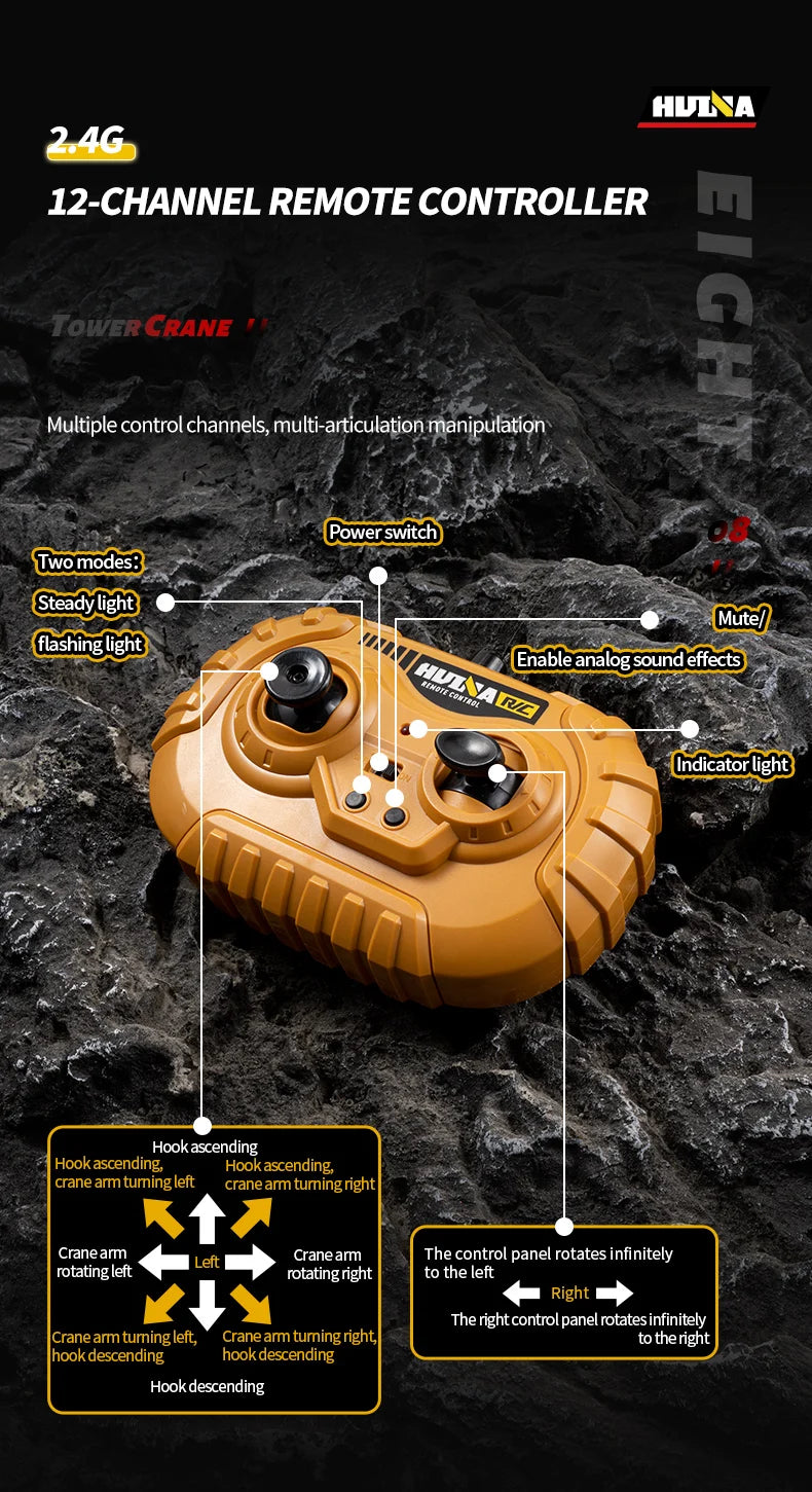 Grue télécommandé Huina  – Véhicule de chantier RC 12 canaux en alliage