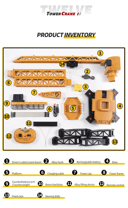 Grue télécommandé Huina  – Véhicule de chantier RC 12 canaux en alliage