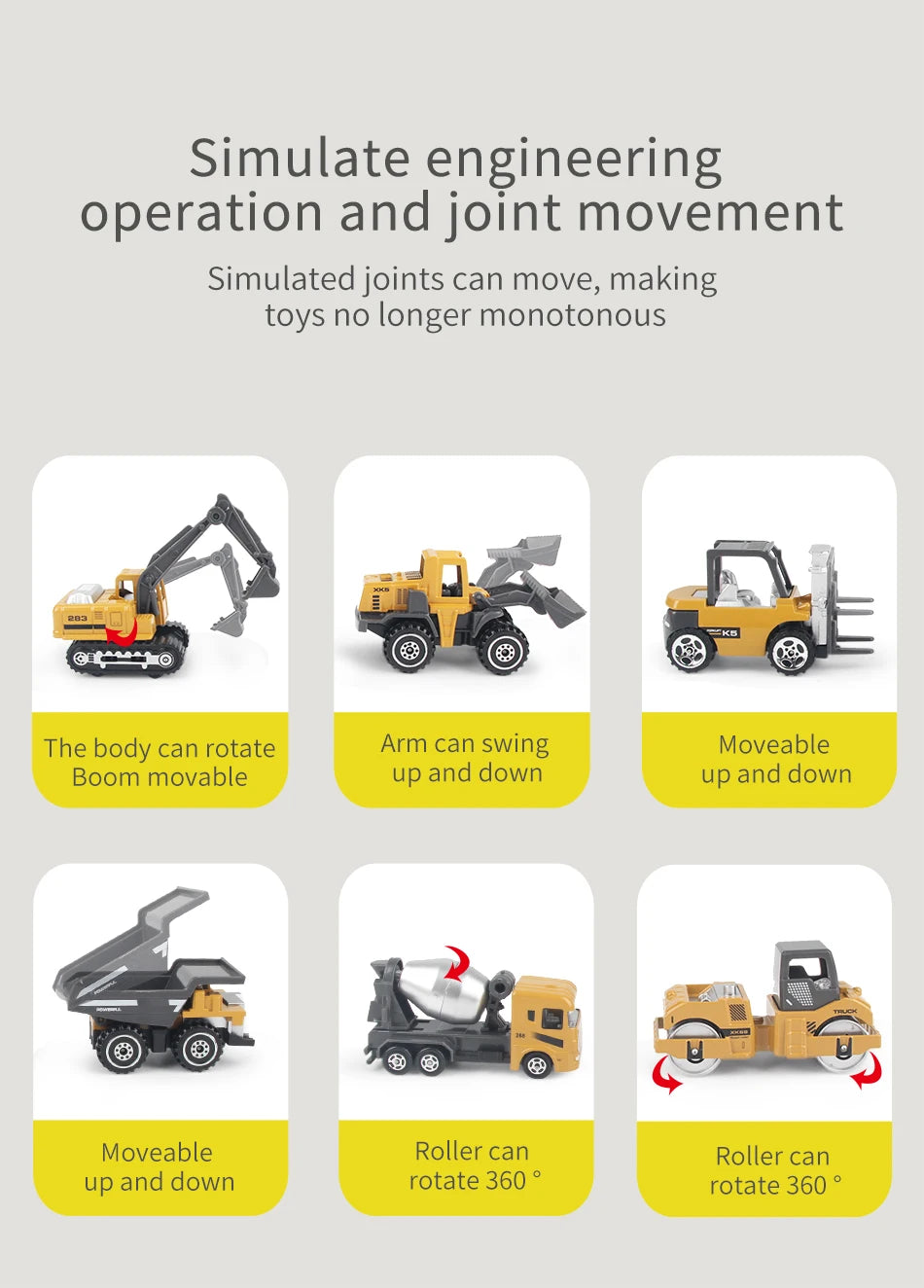 Set de 6 Véhicules de Chantier en Métal – Camion, Tracteur, Chargeur & Pelleteuse – Jouets dès 3 ans