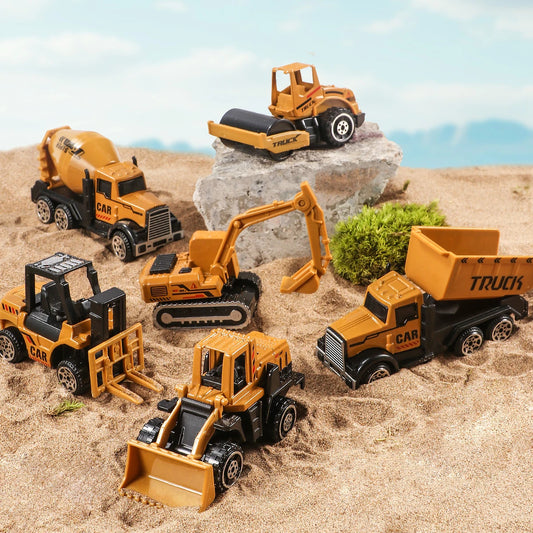 Set de 6 Véhicules de Chantier en Métal – Excavatrice, Bulldozer & Rouleau – Mini Modèles Diecast pour Enfants