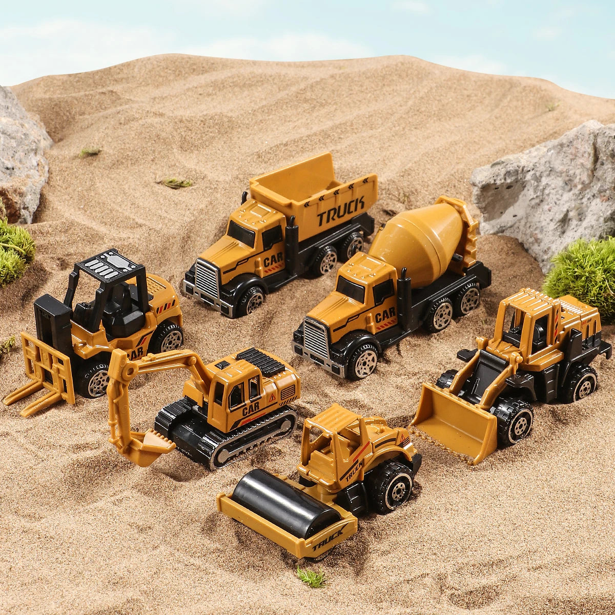 Set de 6 Véhicules de Chantier en Métal – Excavatrice, Bulldozer & Rouleau – Mini Modèles Diecast pour Enfants