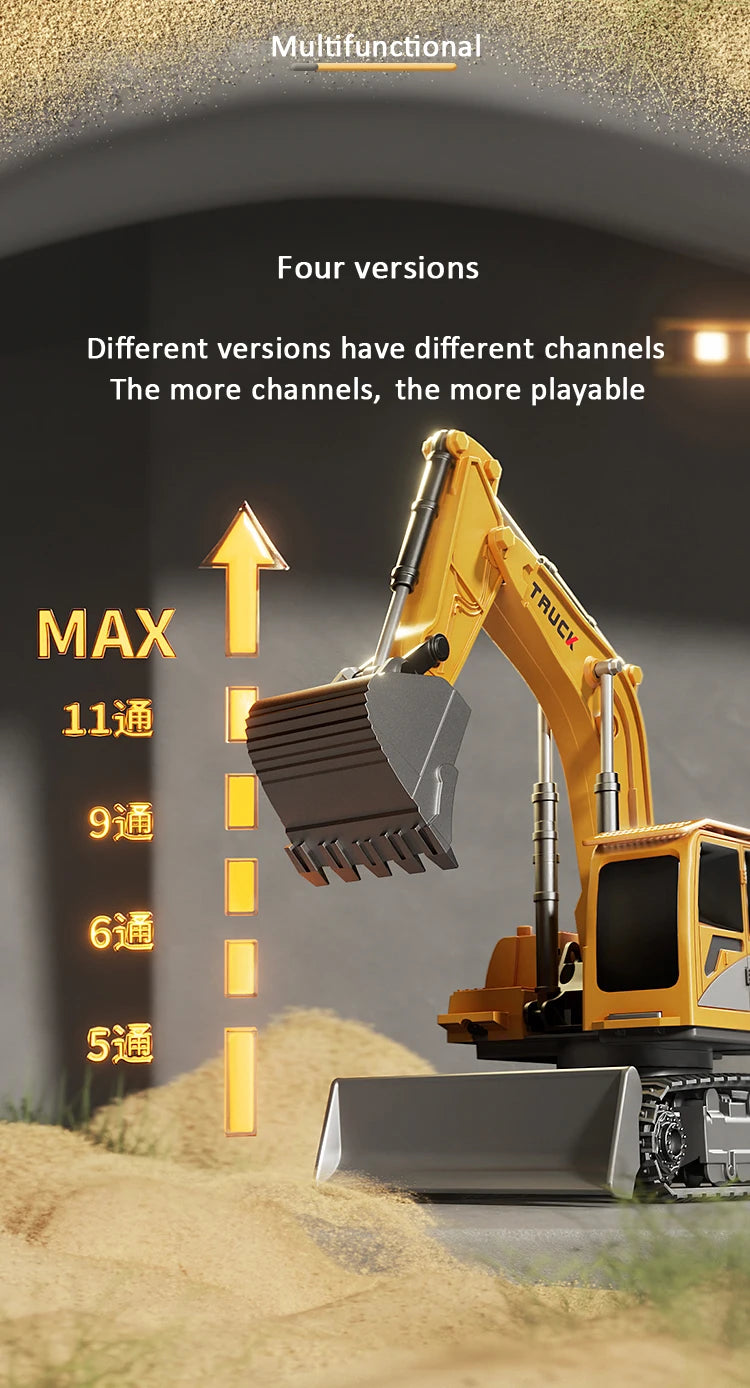 Pelleteuse télécommandée en alliage avec lumières et sons – Véhicule de chantier RC pour enfants